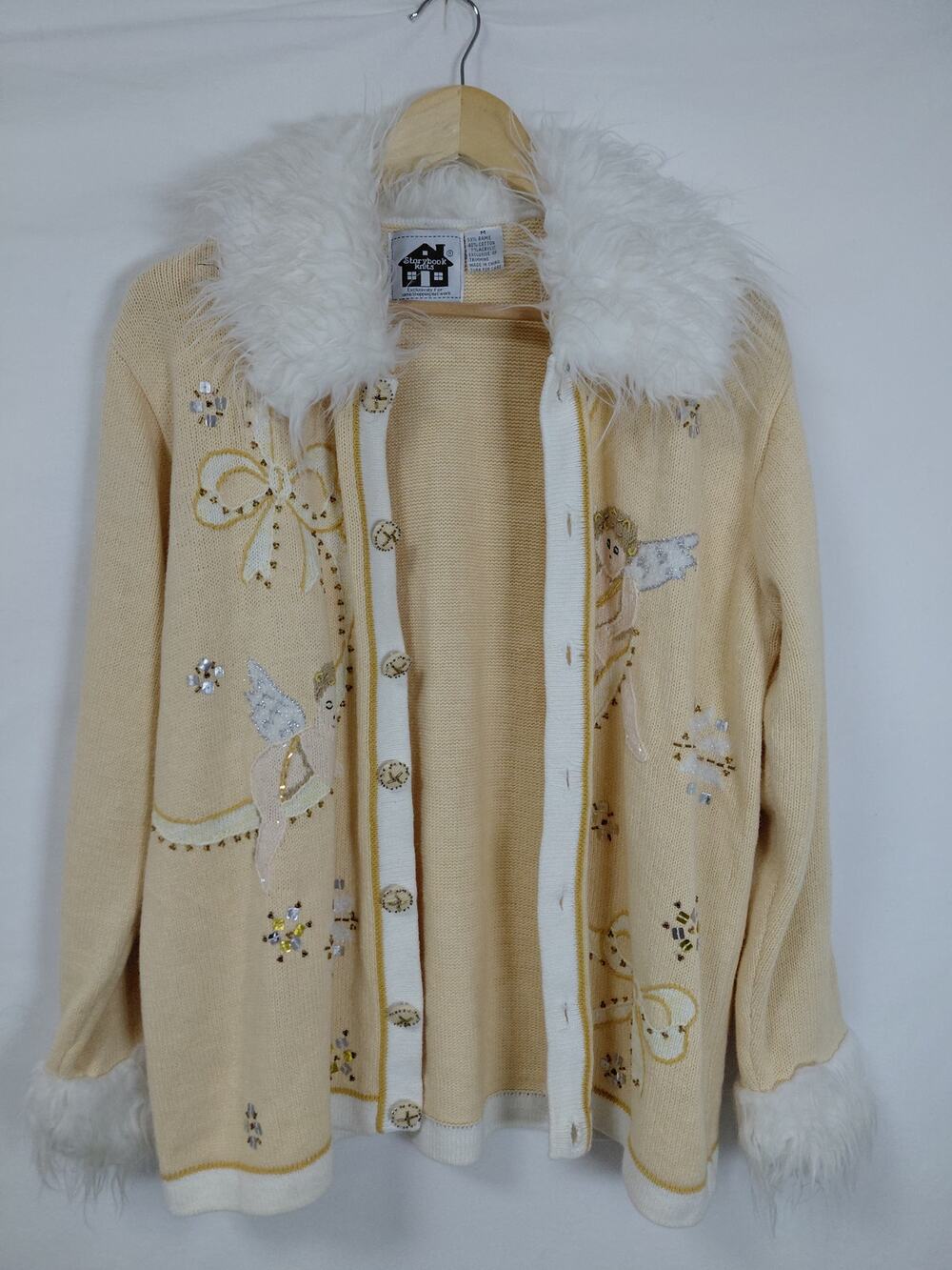 Storybook Knits Embellished Cardigan Beige Solid Knit Women Size M